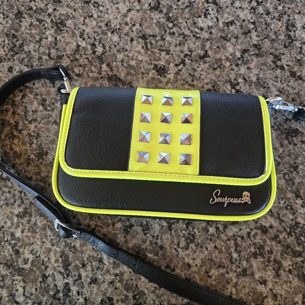 Brand New Sourpuss Neon Yellow, Black Faux Leather Studded Purse Cross Body Bag - Picture 2 of 7